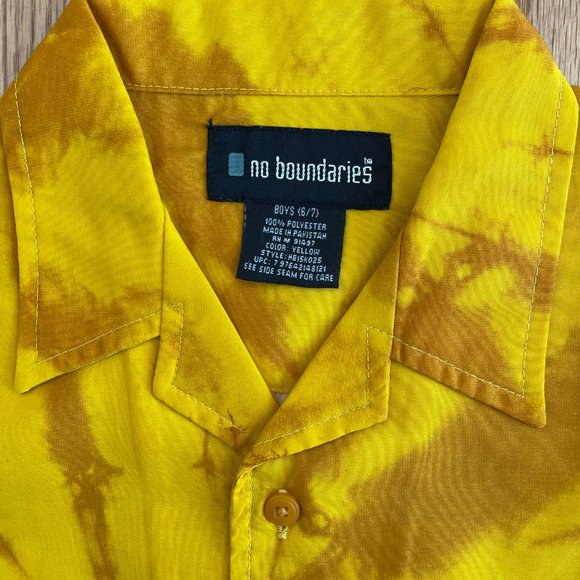 BOYS HAWAIIAN SHIRT NO BOUNDARIES BUTTON UP YELLOW BLACK PALM TREES SIZE 6/7 - Picture 2 of 6